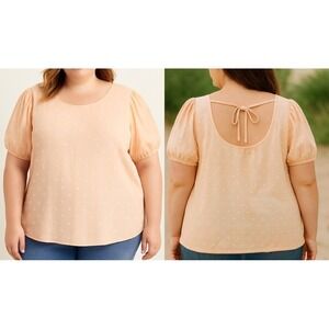 FALLS CREEK Peach Swiss Dot Cotton/Linen Top Size 3X Puff Sleeve Cottagecore